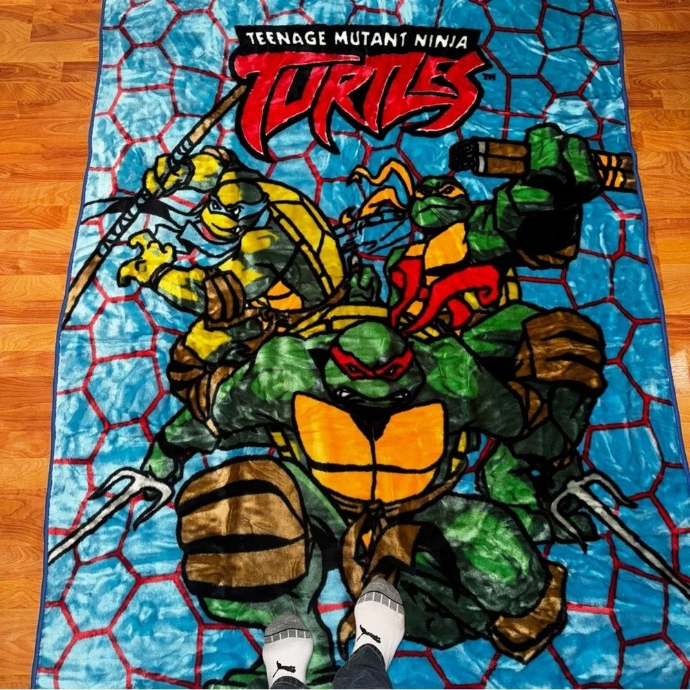 Rare TMNT Blanket Soft All Over Print Double Sided 85” x 56” Large 3 Turtles!